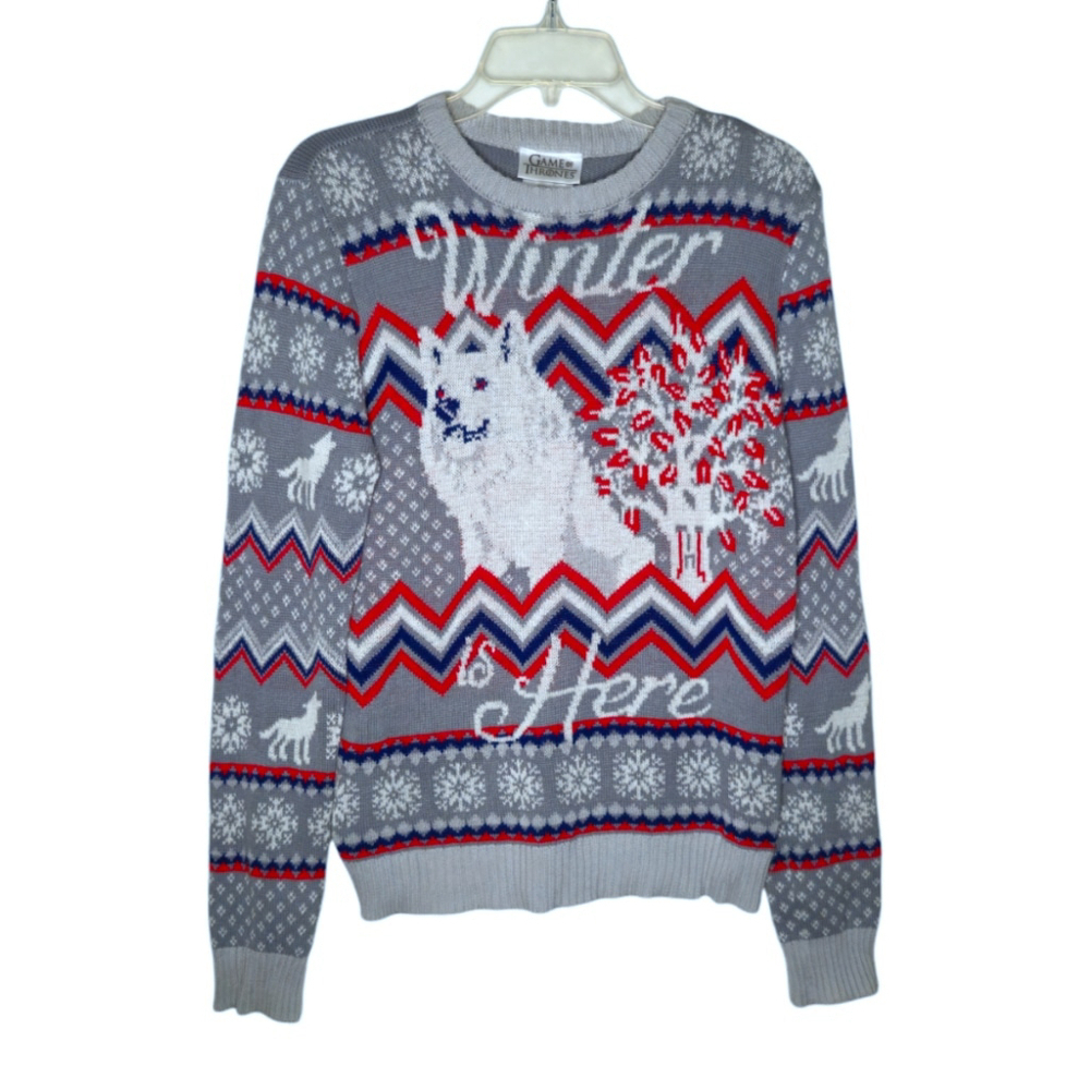 Men's Game of Thrones Sweater Fair Isle Gray & Red Starke Wolf Winter Sz M